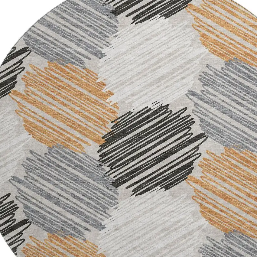 8' Copper Ivory And Gray Geometric Washable Round Rug With UV Protection Photo 3