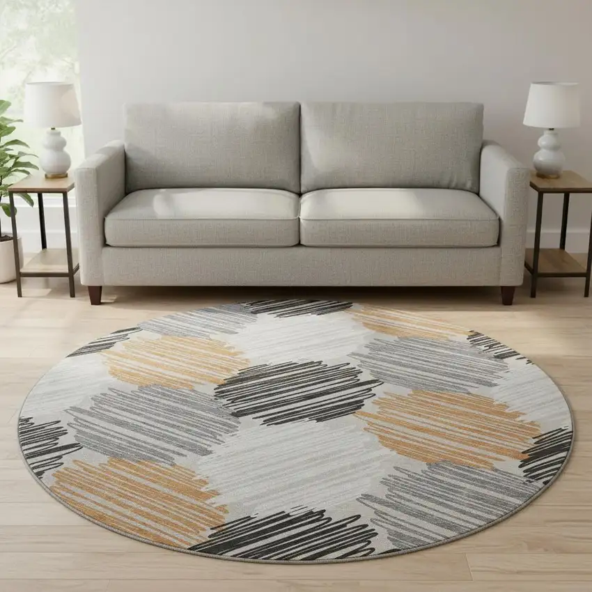 8' Copper Ivory And Gray Geometric Washable Round Rug With UV Protection Photo 2