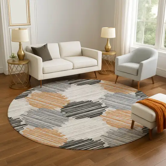 8' Copper Ivory And Gray Geometric Washable Round Rug With UV Protection Photo 5