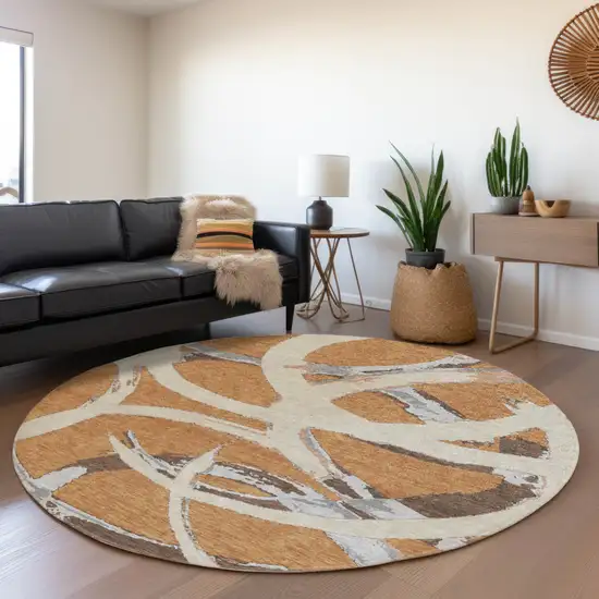 8' Copper Ivory And Gray Round Abstract Washable Indoor Outdoor Area Rug Photo 8
