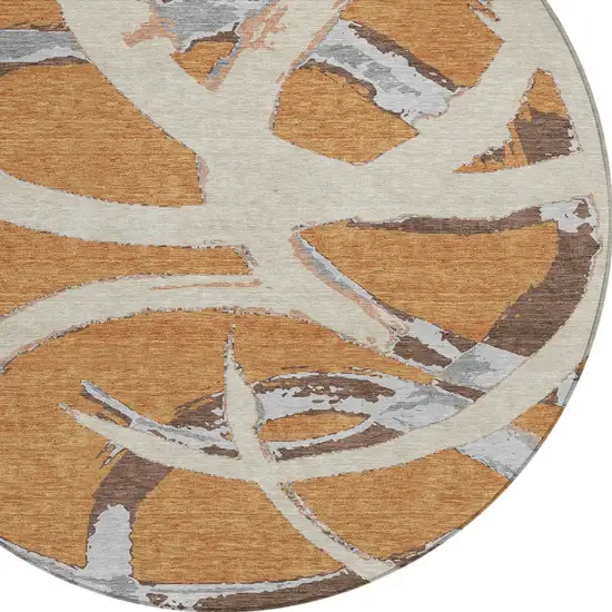 8' Copper Ivory And Gray Round Abstract Washable Indoor Outdoor Area Rug Photo 4