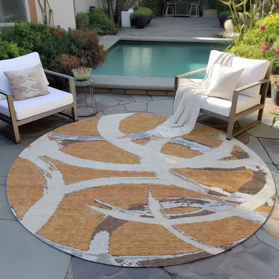 8' Copper Ivory And Gray Round Abstract Washable Indoor Outdoor Area Rug Photo 7