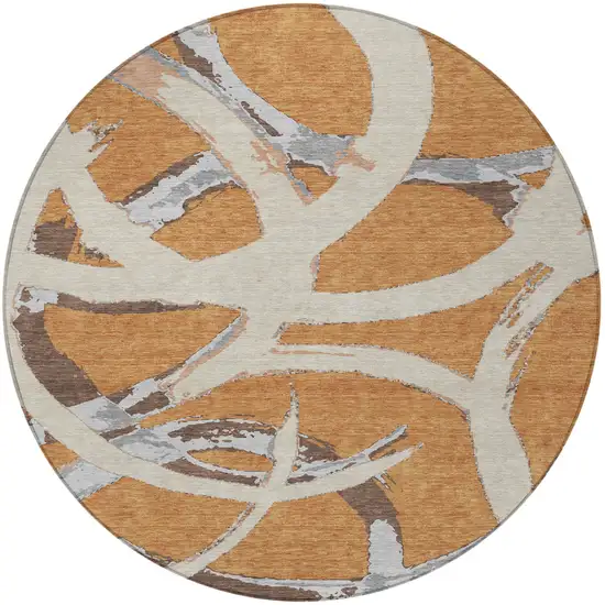 8' Copper Ivory And Gray Round Abstract Washable Indoor Outdoor Area Rug Photo 6