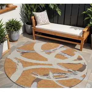 Photo of 8' Copper Ivory And Gray Round Abstract Washable Indoor Outdoor Area Rug