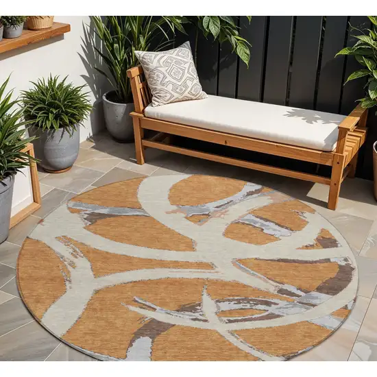 8' Copper Ivory And Gray Round Abstract Washable Indoor Outdoor Area Rug Photo 1