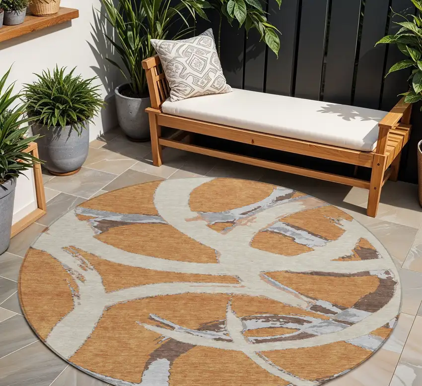 8' Copper Ivory And Gray Round Abstract Washable Indoor Outdoor Area Rug Photo 1