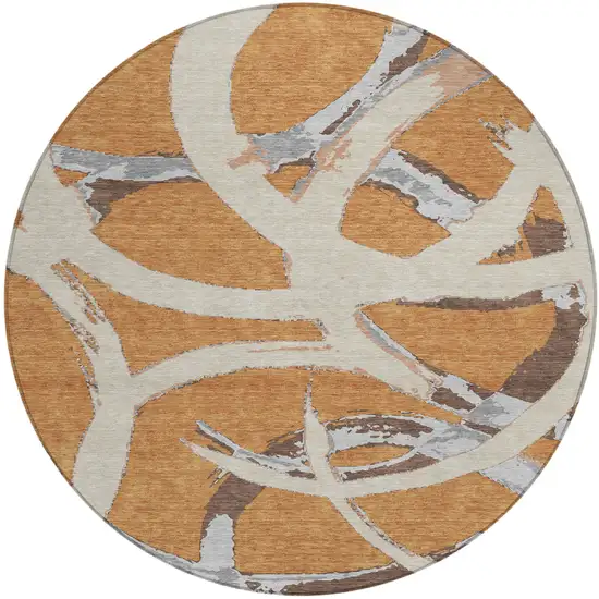 8' Copper Ivory And Gray Round Abstract Washable Indoor Outdoor Area Rug Photo 2