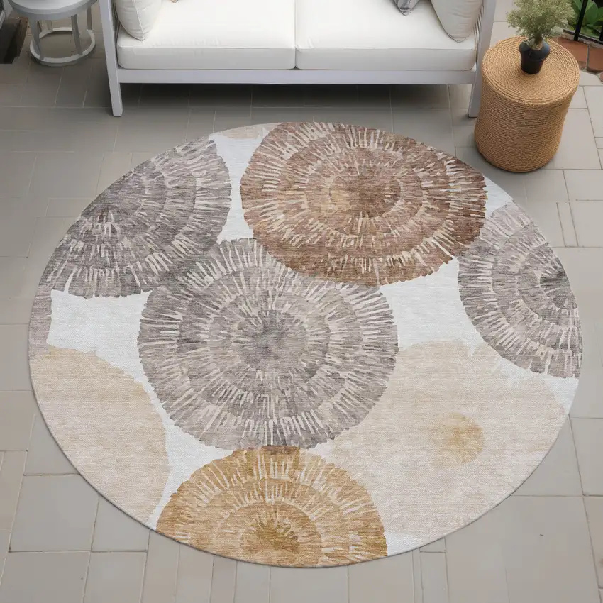 8' Copper Ivory And Gray Round Abstract Washable Indoor Outdoor Area Rug Photo 9