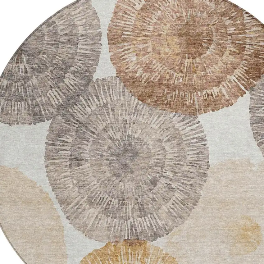 8' Copper Ivory And Gray Round Abstract Washable Indoor Outdoor Area Rug Photo 7