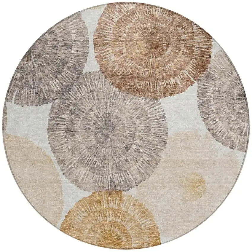 8' Copper Ivory And Gray Round Abstract Washable Indoor Outdoor Area Rug Photo 4