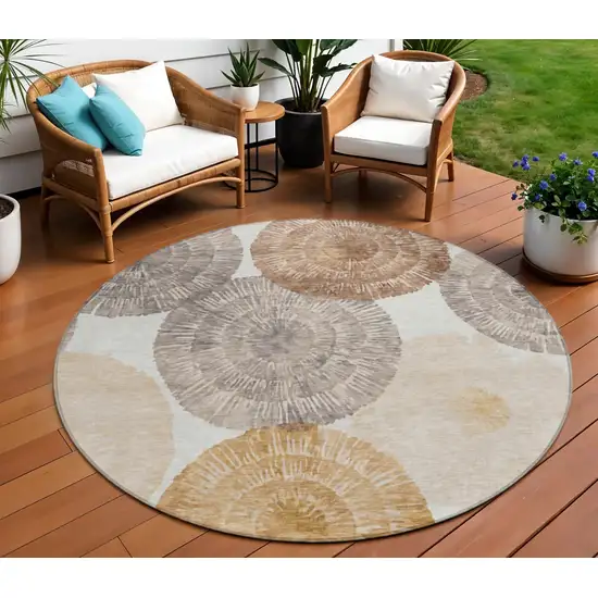 8' Copper Ivory And Gray Round Abstract Washable Indoor Outdoor Area Rug Photo 1
