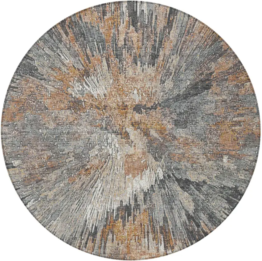 8' Copper Ivory And Gray Round Abstract Washable Indoor Outdoor Area Rug Photo 4