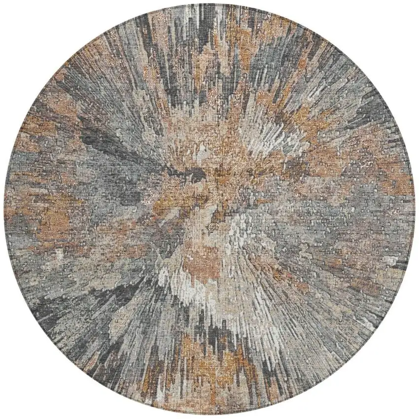 8' Copper Ivory And Gray Round Abstract Washable Indoor Outdoor Area Rug Photo 5