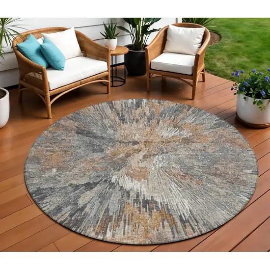 8' Copper Ivory And Gray Round Abstract Washable Indoor Outdoor Area Rug Photo 1