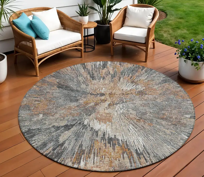 8' Copper Ivory And Gray Round Abstract Washable Indoor Outdoor Area Rug Photo 1