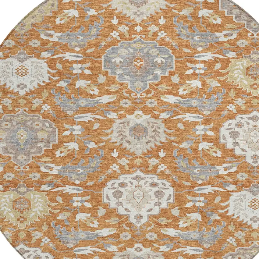 8' Copper Ivory And Gray Round Damask Washable Indoor Outdoor Area Rug Photo 5