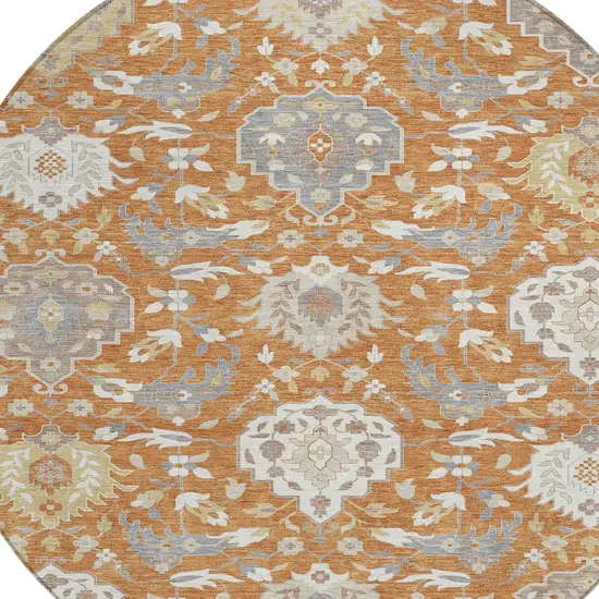 8' Copper Ivory And Gray Round Damask Washable Indoor Outdoor Area Rug Photo 5