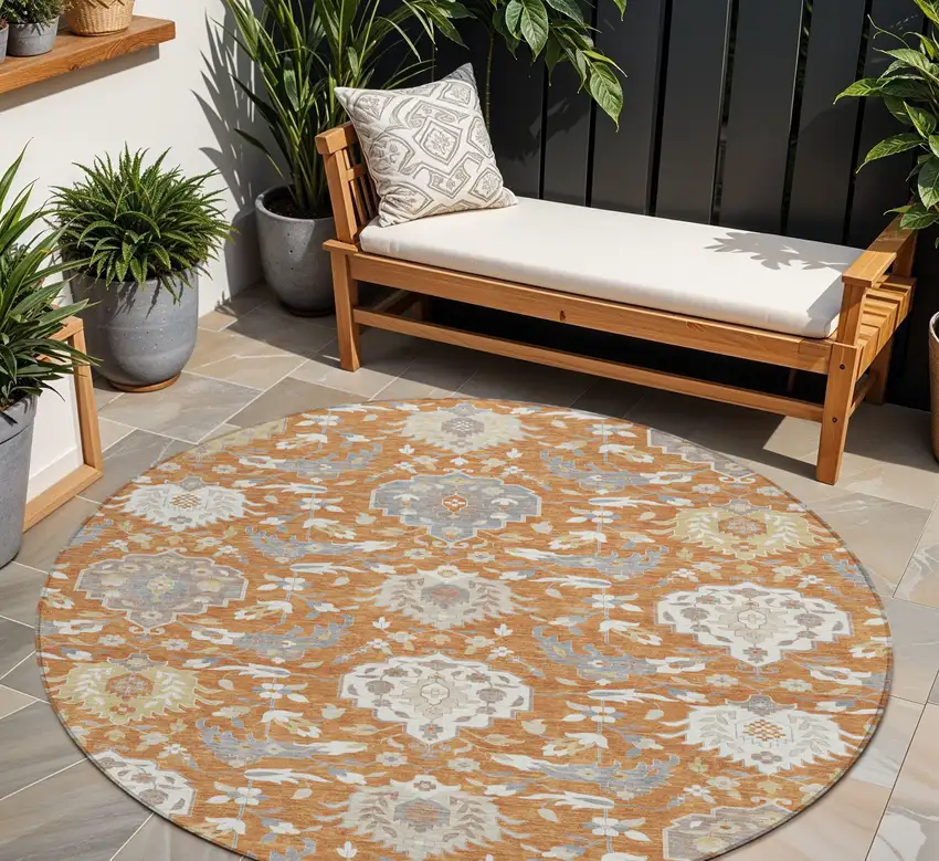 8' Copper Ivory And Gray Round Damask Washable Indoor Outdoor Area Rug Photo 1