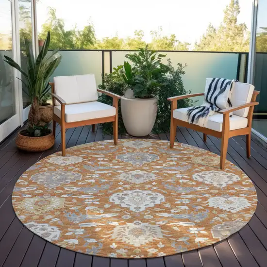 8' Copper Ivory And Gray Round Damask Washable Indoor Outdoor Area Rug Photo 7