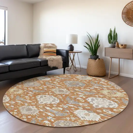 8' Copper Ivory And Gray Round Damask Washable Indoor Outdoor Area Rug Photo 8