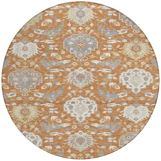 8' Copper Ivory And Gray Round Damask Washable Indoor Outdoor Area Rug Photo 6