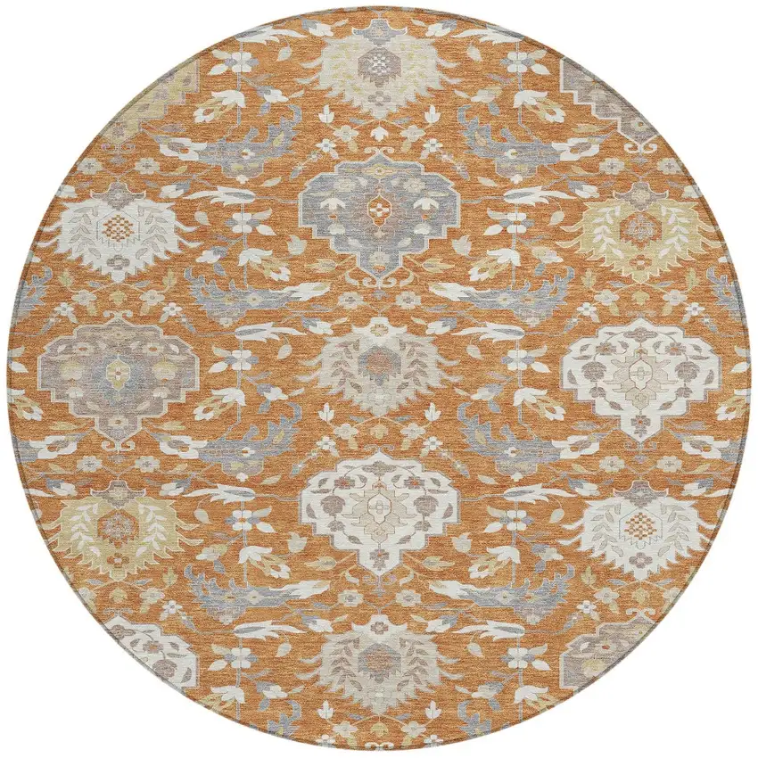 8' Copper Ivory And Gray Round Damask Washable Indoor Outdoor Area Rug Photo 6