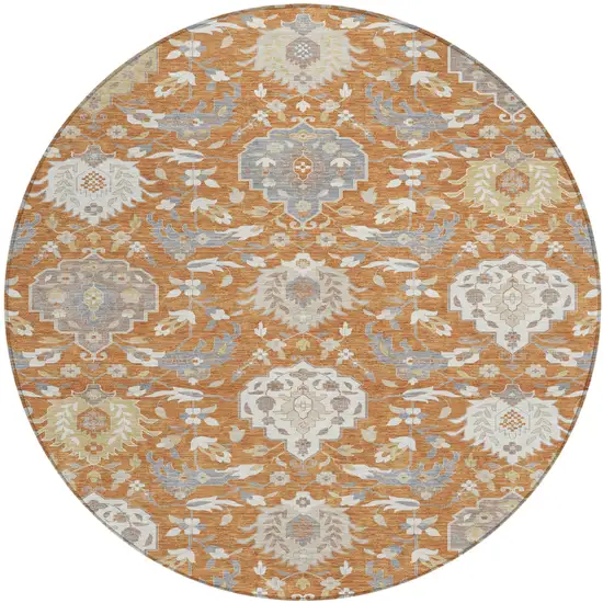 8' Copper Ivory And Gray Round Damask Washable Indoor Outdoor Area Rug Photo 2