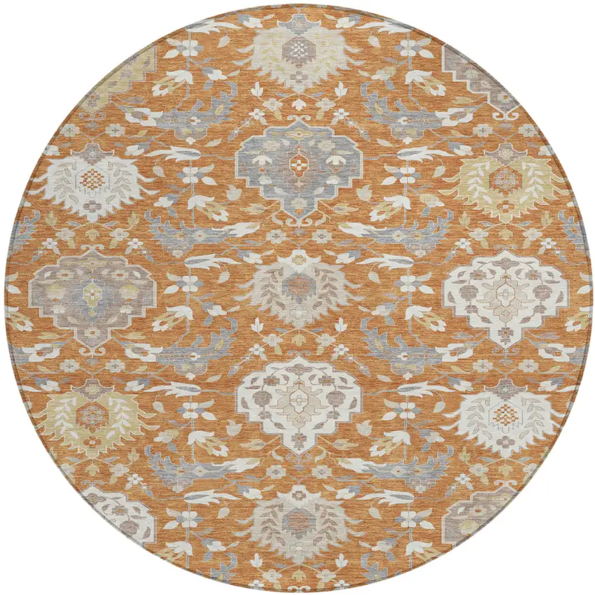 8' Copper Ivory And Gray Round Damask Washable Indoor Outdoor Area Rug Photo 2