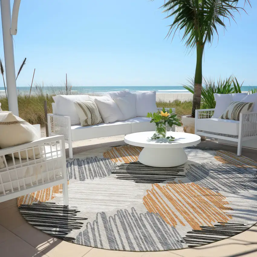 8' Copper Ivory And Gray Round Geometric Washable Indoor Outdoor Area Rug Photo 5