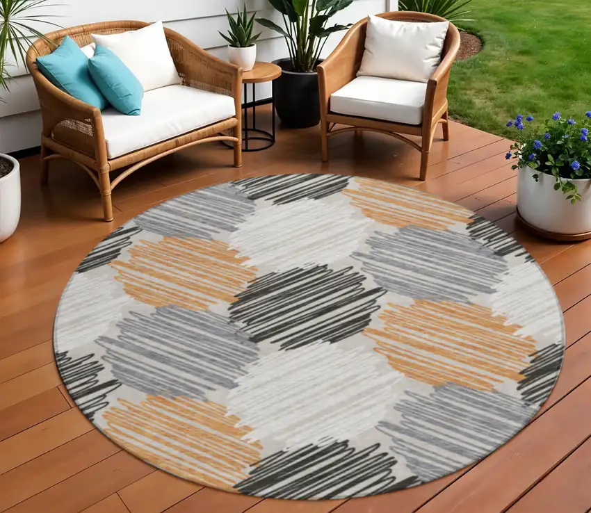 8' Copper Ivory And Gray Round Geometric Washable Indoor Outdoor Area Rug Photo 2