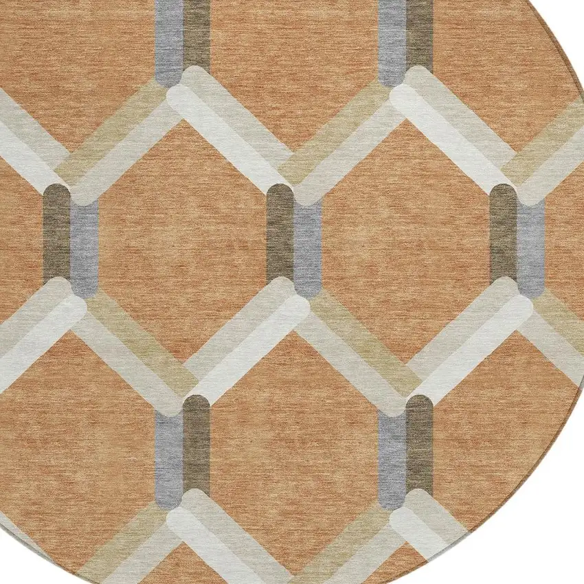 8' Copper Ivory And Gray Round Geometric Washable Indoor Outdoor Area Rug Photo 6