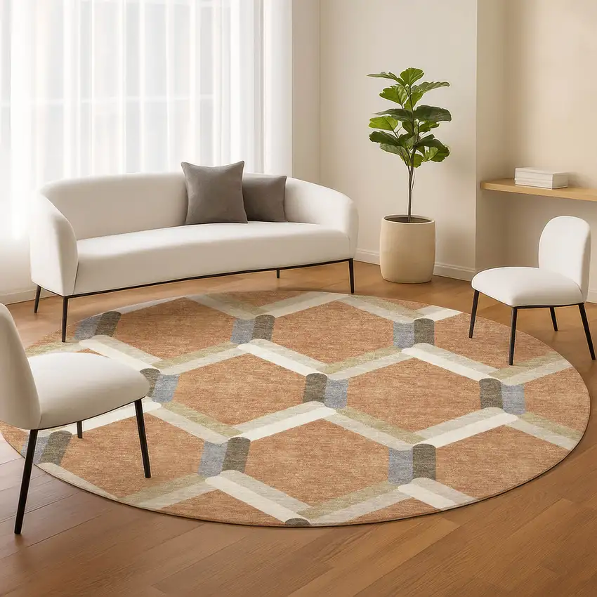 8' Copper Ivory And Gray Round Geometric Washable Indoor Outdoor Area Rug Photo 9