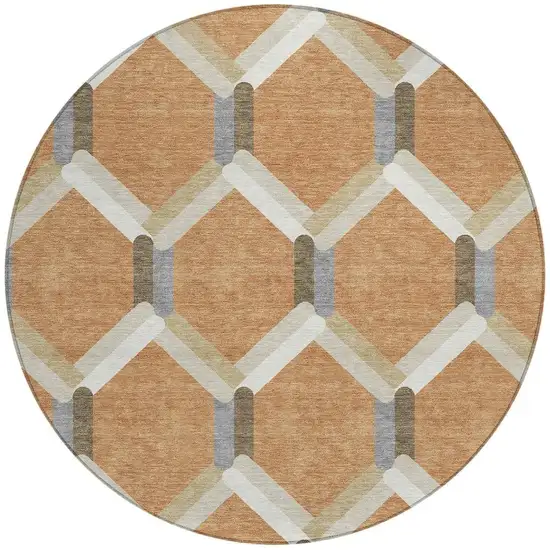 8' Copper Ivory And Gray Round Geometric Washable Indoor Outdoor Area Rug Photo 4