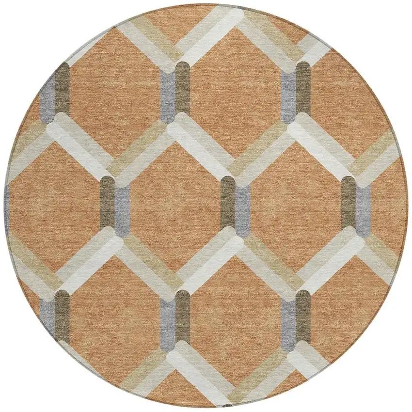 8' Copper Ivory And Gray Round Geometric Washable Indoor Outdoor Area Rug Photo 4