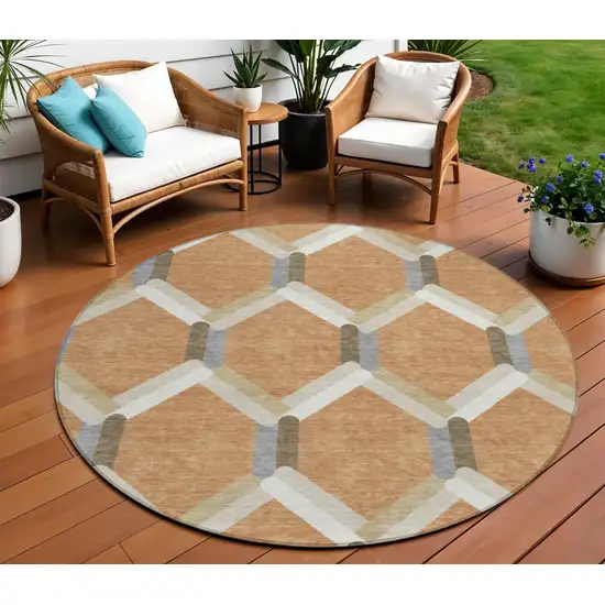8' Copper Ivory And Gray Round Geometric Washable Indoor Outdoor Area Rug Photo 1