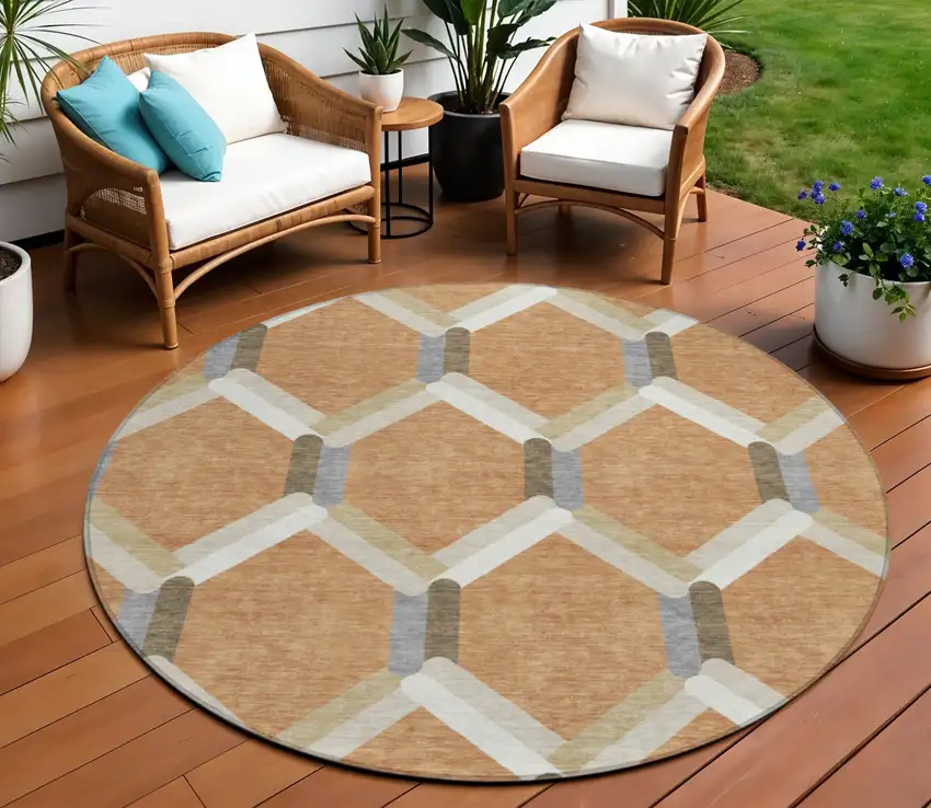 8' Copper Ivory And Gray Round Geometric Washable Indoor Outdoor Area Rug Photo 1
