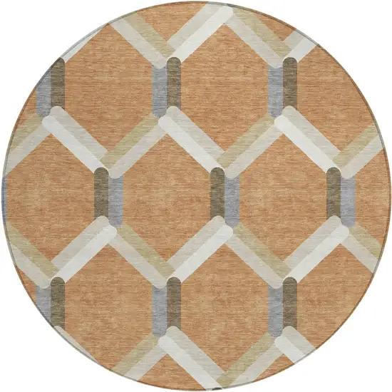 8' Copper Ivory And Gray Round Geometric Washable Indoor Outdoor Area Rug Photo 2