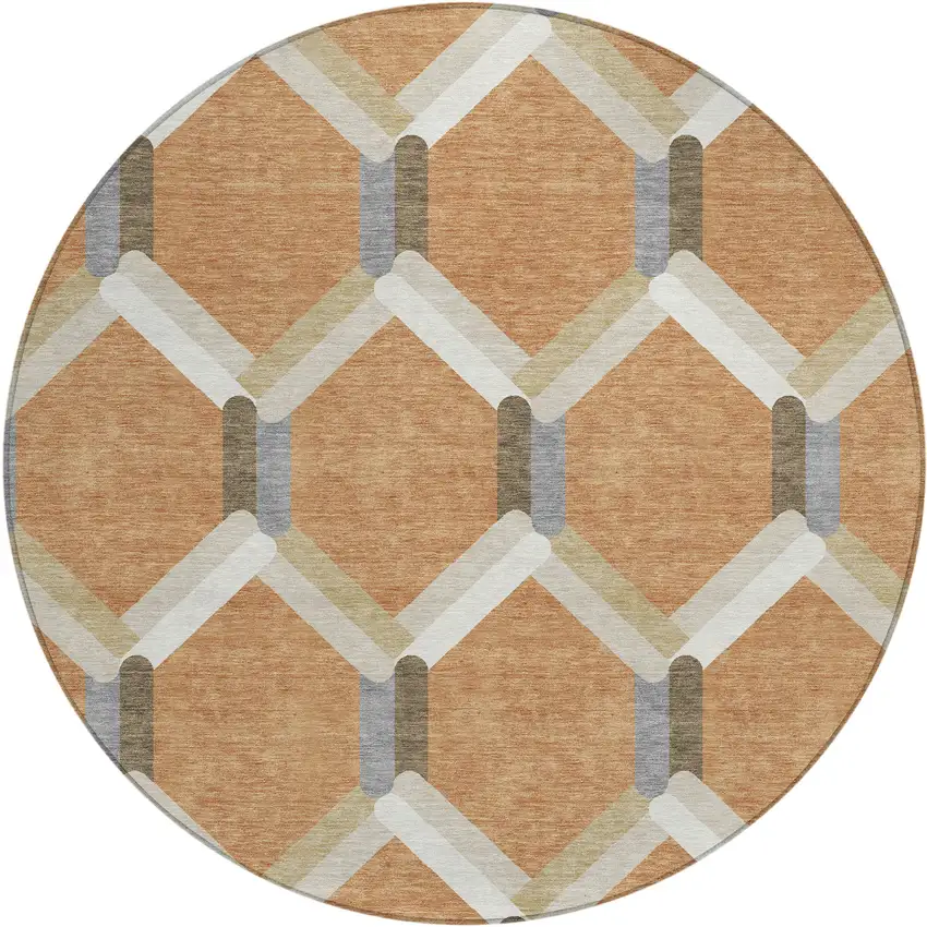 8' Copper Ivory And Gray Round Geometric Washable Indoor Outdoor Area Rug Photo 2