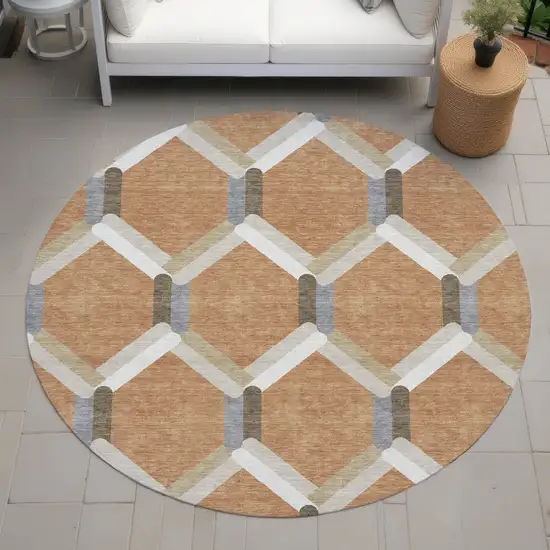 8' Copper Ivory And Gray Round Geometric Washable Indoor Outdoor Area Rug Photo 7