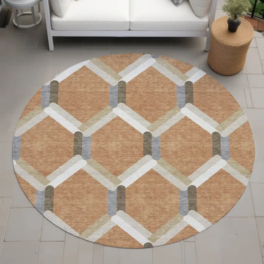 8' Copper Ivory And Gray Round Geometric Washable Indoor Outdoor Area Rug Photo 7