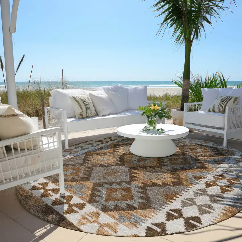 8' Copper Ivory And Gray Round Tribal Washable Indoor Outdoor Area Rug Photo 6