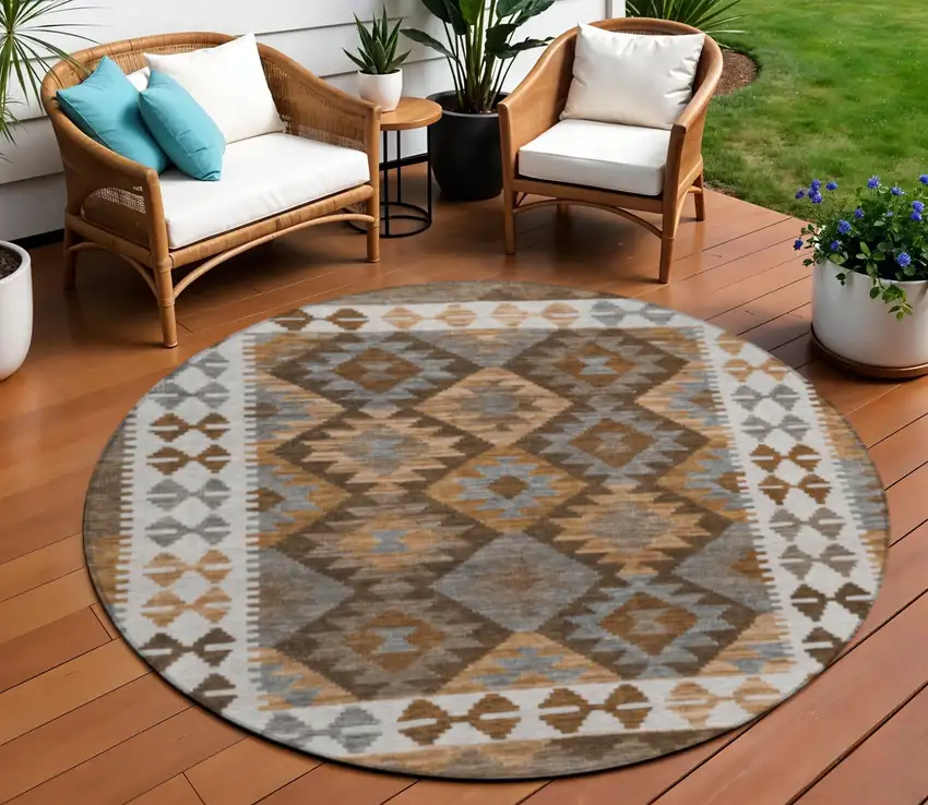 8' Copper Ivory And Gray Round Tribal Washable Indoor Outdoor Area Rug Photo 2