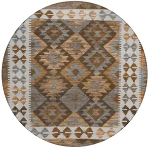 Photo of 8' Copper Ivory And Gray Round Tribal Washable Indoor Outdoor Area Rug