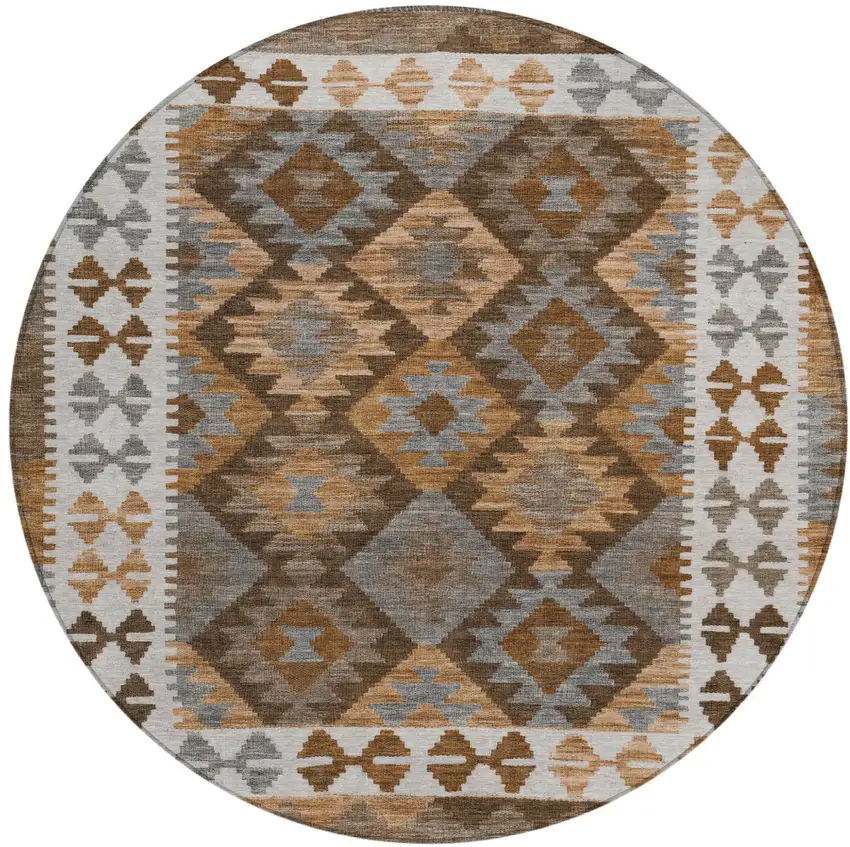 8' Copper Ivory And Gray Round Tribal Washable Indoor Outdoor Area Rug Photo 1