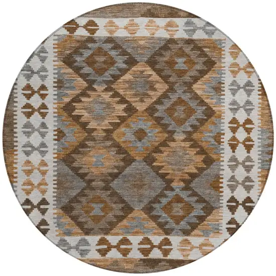8' Copper Ivory And Gray Round Tribal Washable Indoor Outdoor Area Rug Photo 4