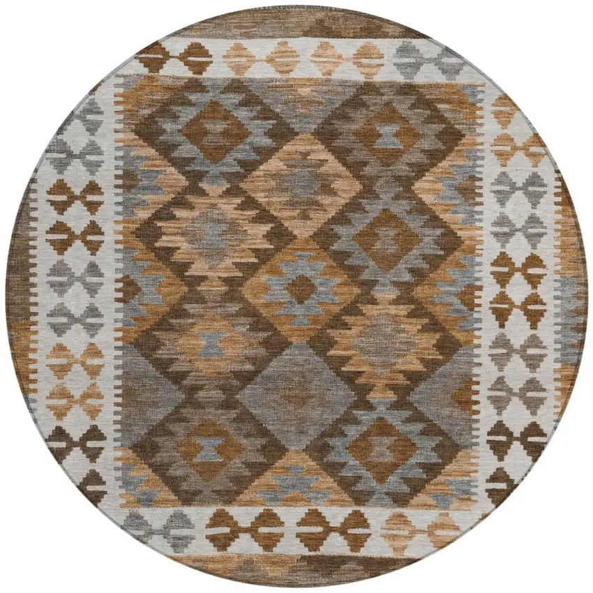 8' Copper Ivory And Gray Round Tribal Washable Indoor Outdoor Area Rug Photo 4