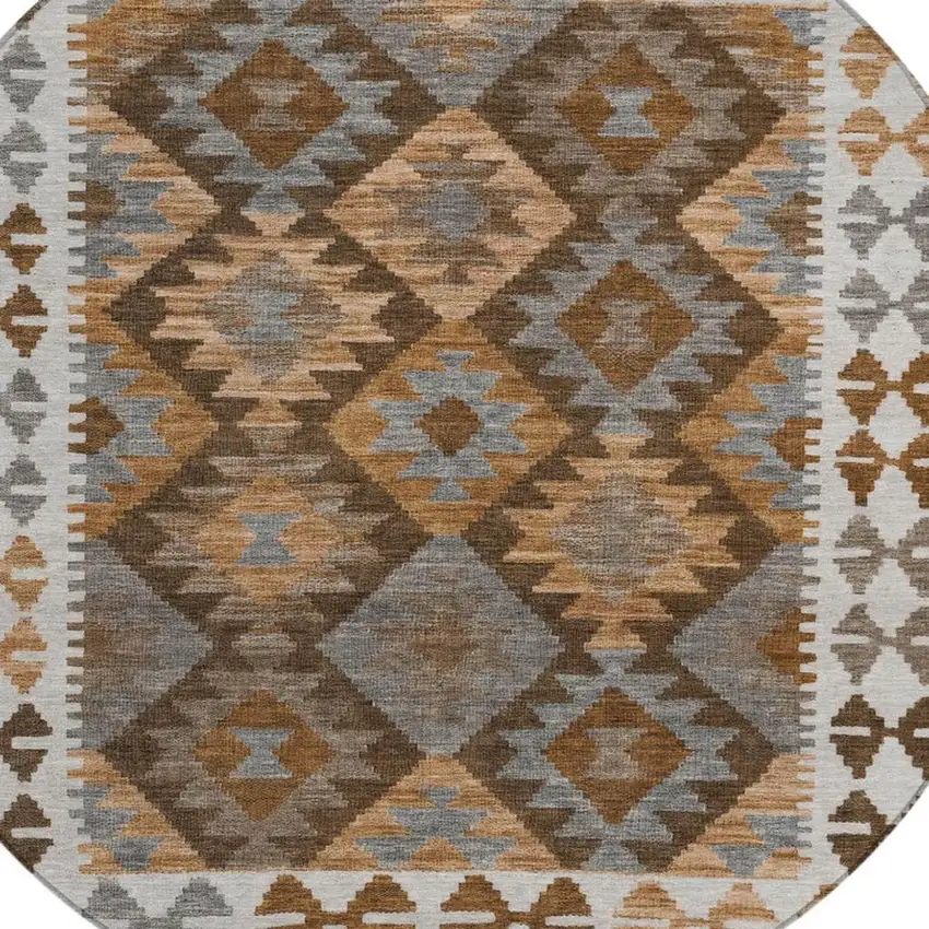 8' Copper Ivory And Gray Round Tribal Washable Indoor Outdoor Area Rug Photo 3