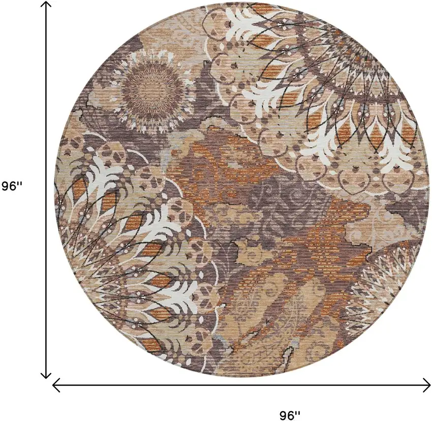 8' Copper Ivory And Khaki Round Paisley Washable Indoor Outdoor Area Rug Photo 3