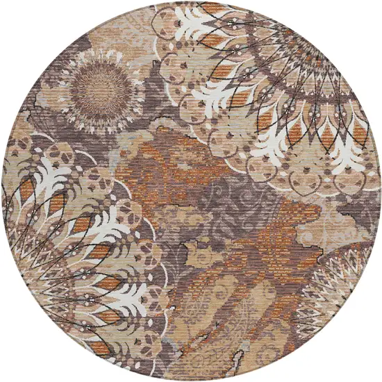 8' Copper Ivory And Khaki Round Paisley Washable Indoor Outdoor Area Rug Photo 2