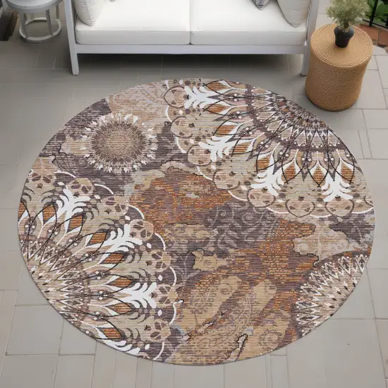 8' Copper Ivory And Khaki Round Paisley Washable Indoor Outdoor Area Rug Photo 8